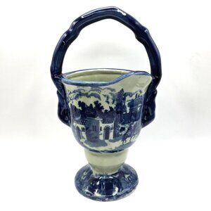 Victoria Ware Blue Transferware Scenic Ironstone Handled Basket Vase Planter